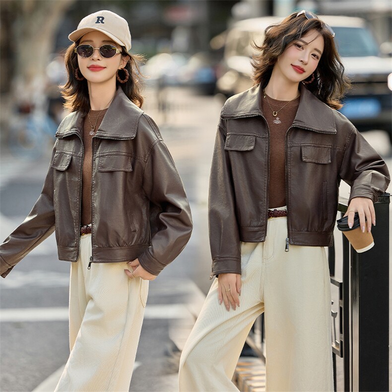 海宁皮衣2025新款时尚气质休闲高级感宽松翻领显瘦皮衣外套，女装皮衣，潮流依族