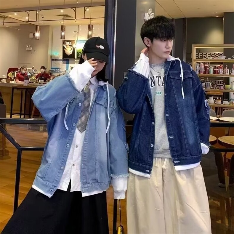 牛仔连帽外套男士春秋季宽松水洗蓝色百搭上衣服个性潮牌情侣夹克,男装夹克,星座218-1（原230）
