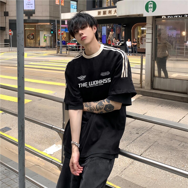 三条杠织带短袖T恤短裤五分裤套装上衣棉P28裤子棉56%P25,男装T恤,电商A426-1(原A430-1)