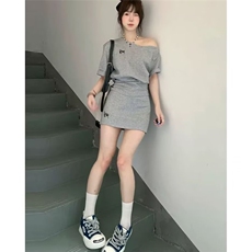 高端定制院风短款斜领露肩灰色短袖T恤女夏季新款高腰显瘦短裙套，男装T恤，星座1210-1