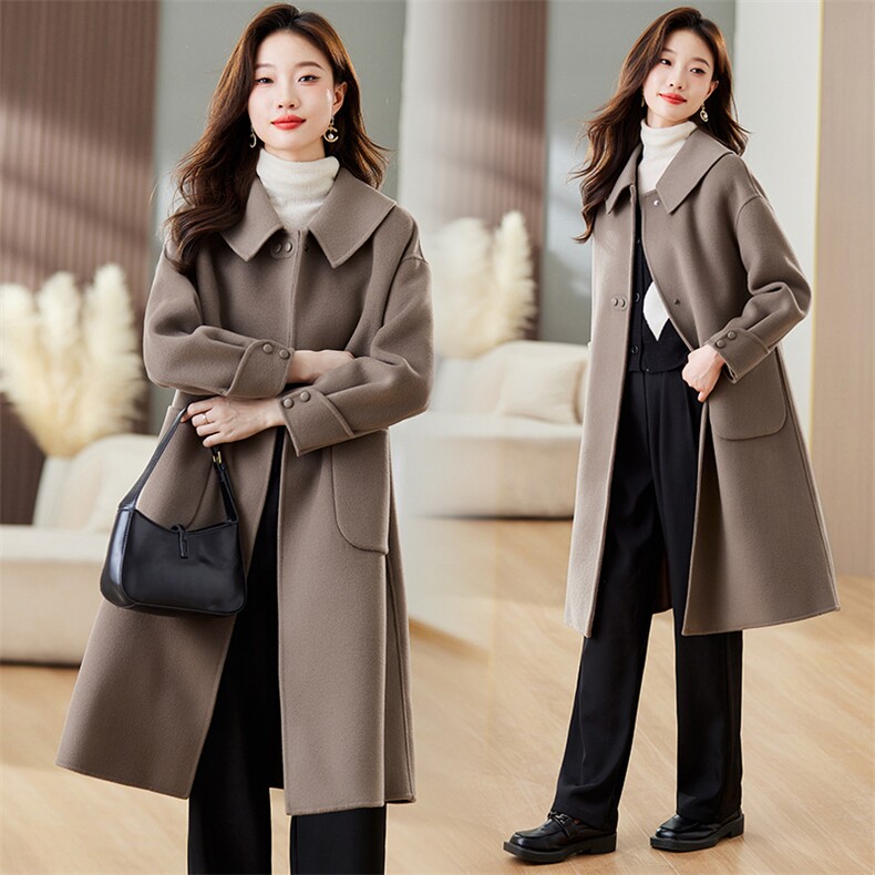 秋冬新款气质百搭休闲款专柜品质中长款显瘦双面羊毛大衣，女装双面呢大衣，小荷流