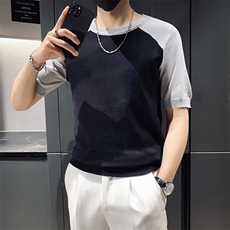 夏季新款冰丝针织短袖T恤男修身时尚社会条纹半袖打底衫M866，男装T恤，星座1116A-2（原606A-1）