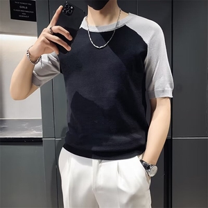 夏季新款冰丝针织短袖T恤男修身时尚社会条纹半袖打底衫 M866图片