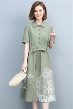 2021夏季新款时尚休闲气质减龄翻领抽绳收腰连衣裙图片