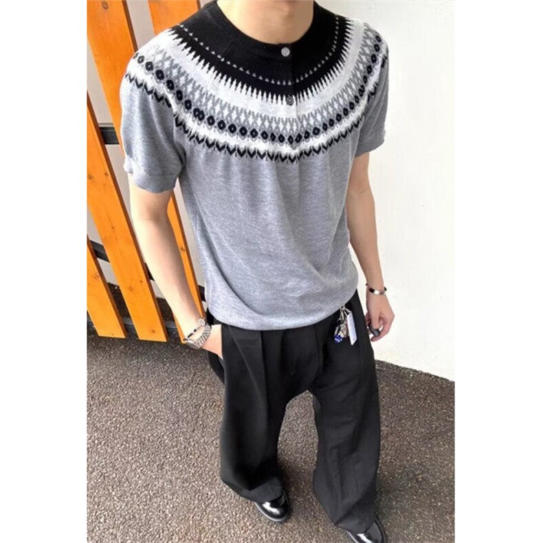 复古费尔岛撞色圆领短袖t恤女夏季百搭亨利领针织上衣TK143,男装T恤,星座1116A（原606A-3）
