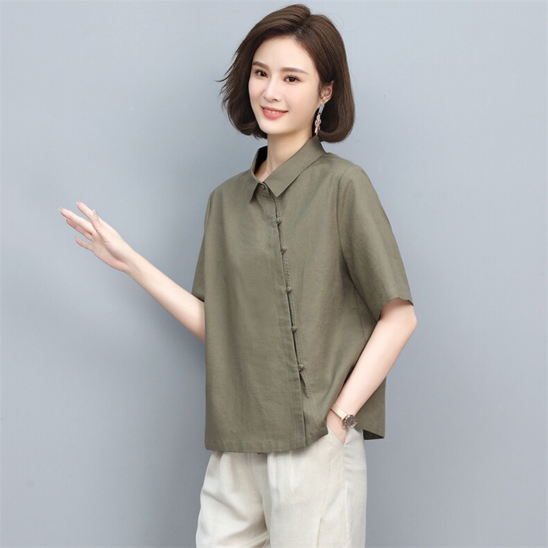 棉麻衬衫女2024夏季新款妈妈短袖衬衣中老年洋气亚麻薄款半袖上衣,女装衬衫,忆绮罗