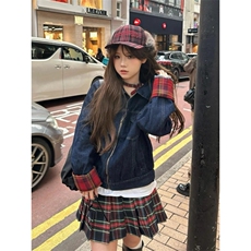 美式复古格子拼接牛仔外套春秋季新款宽松百搭休闲工装夹克上衣，男装工装外套，星座601-1