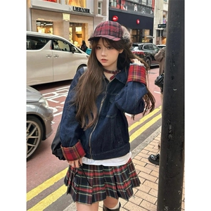 美式复古格子拼接牛仔外套春秋季新款宽松百搭休闲工装夹克上衣图片
