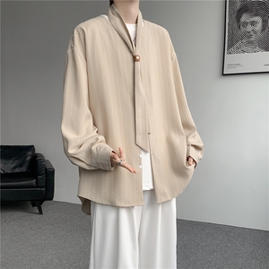 春秋季薄款老钱风休闲自带领带男慵懒风衬衫宽松时尚衬衣搭配，男装衬衫，电商B319