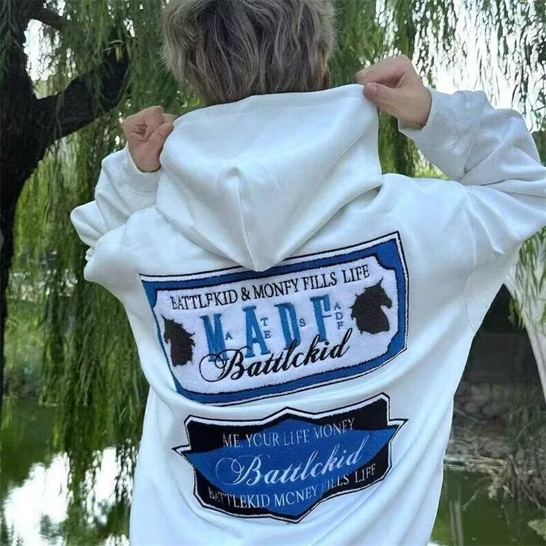 复古排版毛巾绣拉链连帽卫衣男美式街头休闲开衫外套春秋帽衫图片