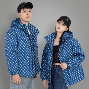 卡通工重艺立领潮牌宽松落肩情侣学生鸭绒羽绒服图片