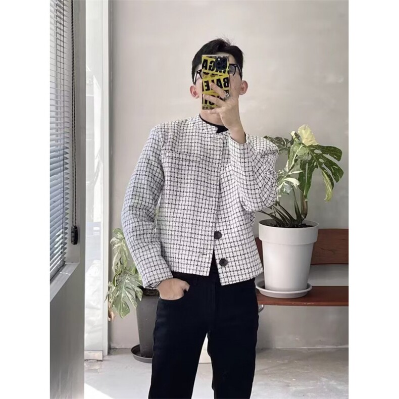 立领西装单排扣西服千鸟格小香风中山装外套有垫肩JK0183P55,男装西服套装,星座1013-1