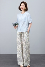 叶笙衣套装2537-151宽松纯色棉上衣复古印花裤套装，女装套装/套裙，叶笙衣