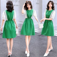 欧洲站2026夏季新款拼接撞色收腰荷叶边甜美泡泡袖衬衫直筒连衣裙，女装连衣裙，兰菲阁