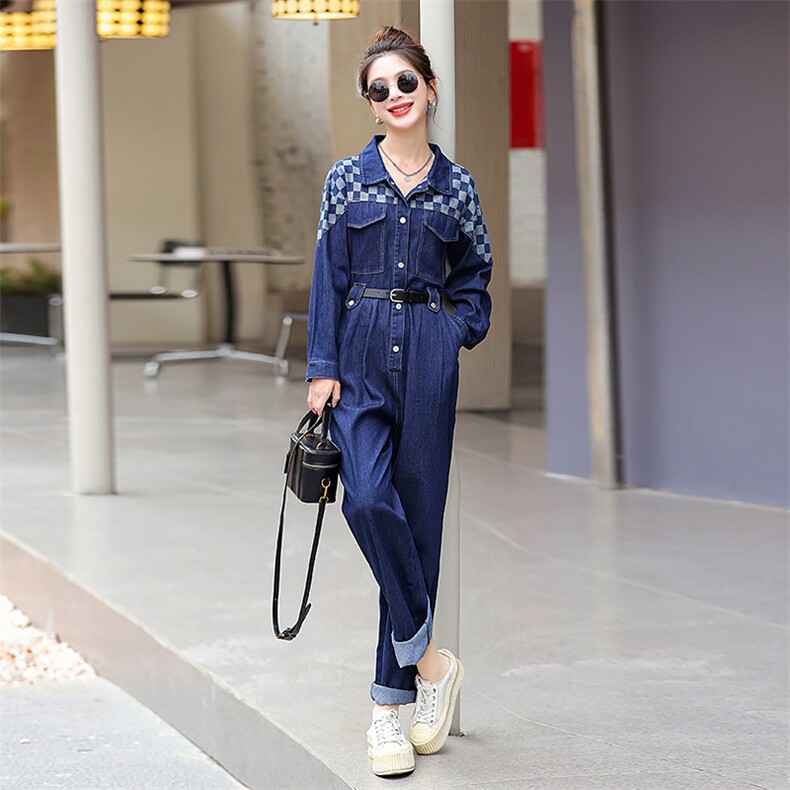 牛仔工装连体裤女2025春秋新款拼接格子高级感时尚流行连衣裤,女装连体裤,E百度