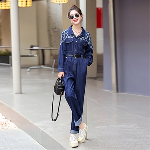 牛仔工装连体裤女2025春秋新款拼接格子高级感时尚流行连衣裤图片