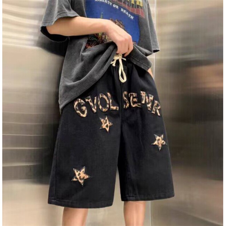 欧美简约复古发泡印花运动短裤男潮牌街头宽松情侣工装薄款五分裤，男装牛仔裤，四季星座505