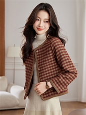 小香风外套配连衣裙女2025秋冬装新款高端格子毛呢显瘦百搭上衣，女装毛呢外套，婵米儿