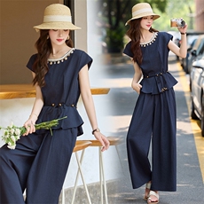 2025年夏季新款圆领时尚气质短袖上衣阔腿裤两件套，女装套装/套裙，天丝秀