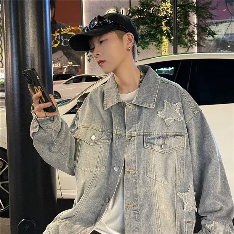 美式复古牛仔外套男春秋潮牌水洗炸街星星夹克痞帅百搭JK1036-P65图片