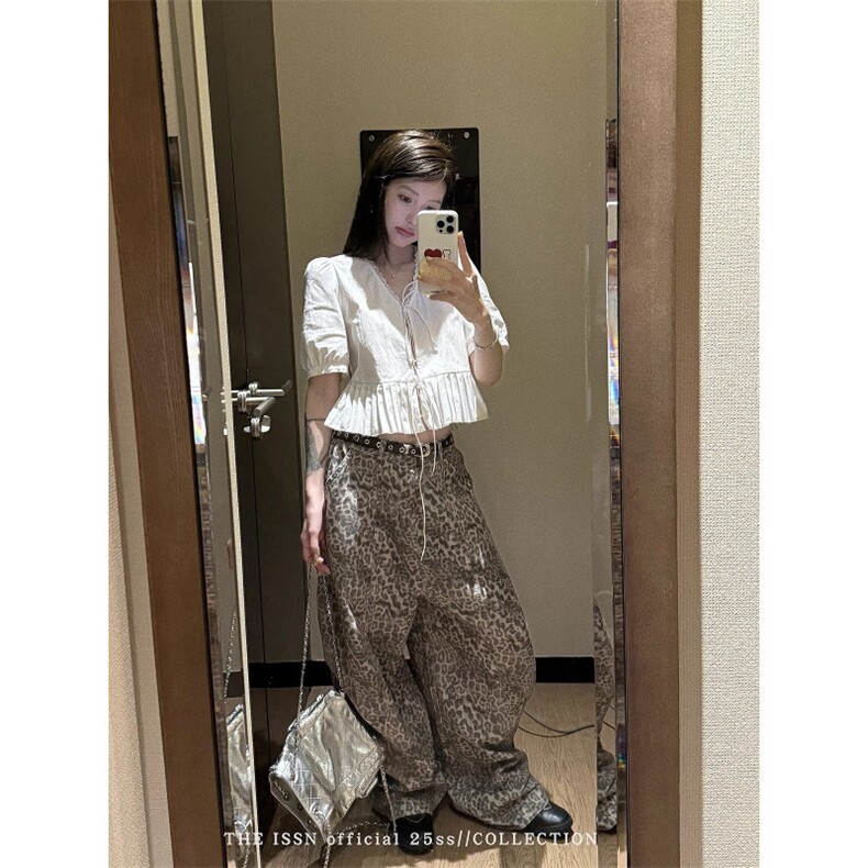 美式复古辣妹小众豹纹弯刀裤阔腿做旧洗水工装裤女秋LN15044-P55,男装工装外套,星座1008
