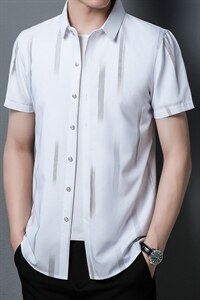 男士短袖衬衫2023夏季新款衬衣时尚休闲免烫中年男装宽松百搭衬衫图片