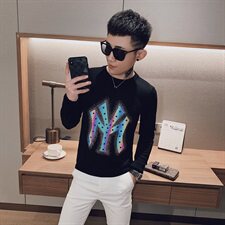 春款社会小伙反光镭射烫钻圆领毛衣修身针织打底衫YK207-P65控85，男装针织衫/毛衣，星座308A