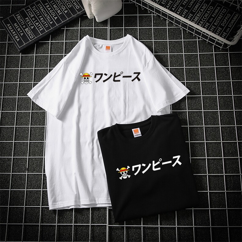 网格风2021夏季日系动漫卡通人物海贼王路飞纯棉宽松T恤T1901,男装T恤,星座1116-2