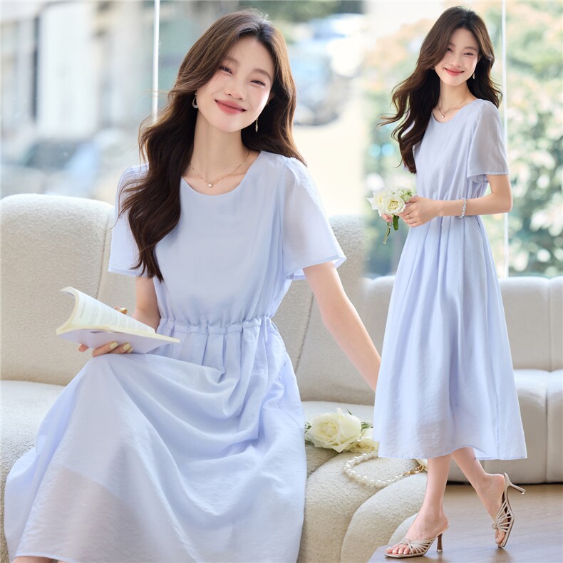 现货女士连衣裙2025夏季新款时尚洋气减龄休闲百搭短袖中长裙裙子，女装连衣裙，木子恋