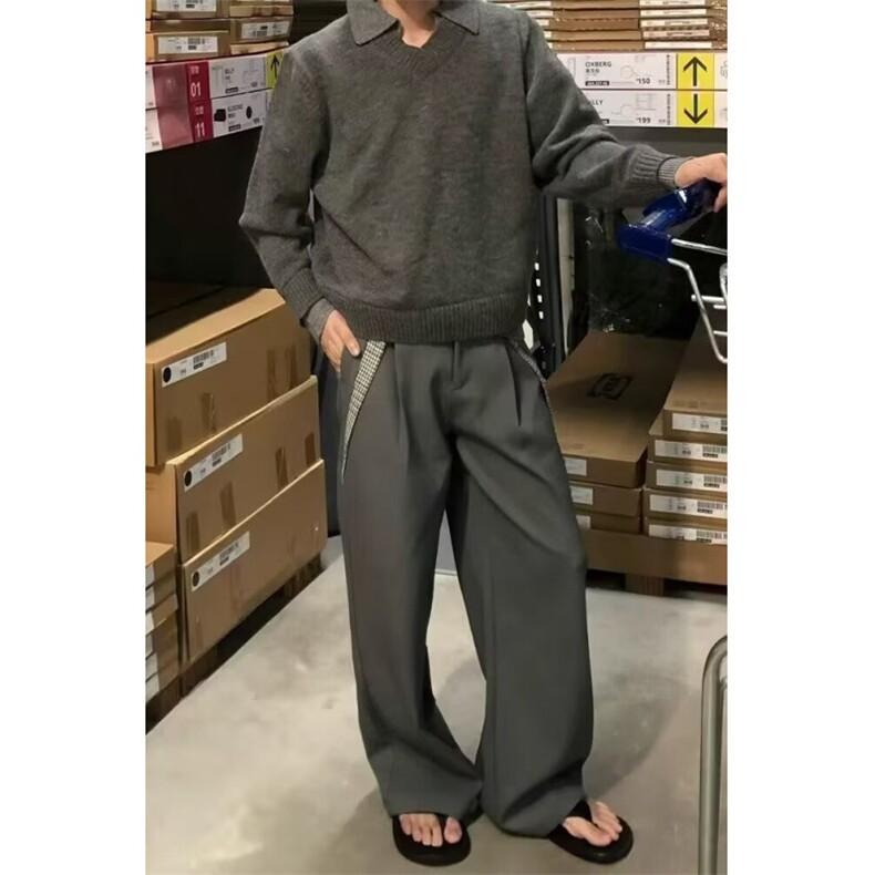 小众高级感高智百搭cleanfit阔腿休闲裤男千鸟格拼接直筒宽松西裤,男装西裤,四季星座505