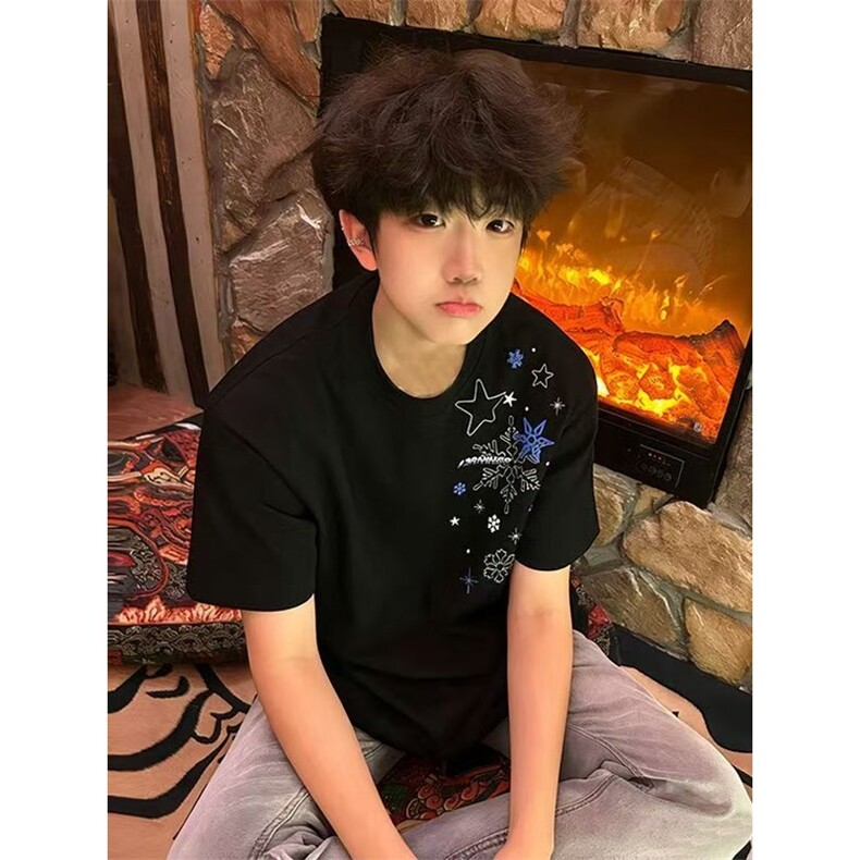 2026重磅纯棉雪花刺绣短袖T恤男女潮情侣装休闲半截袖体恤，男装T恤，星座1210-1