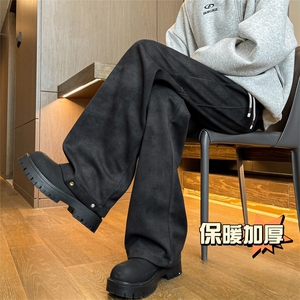 加厚保暖潮牌直筒拖地阔腿裤扎染脏脏布纽扣收脚毛呢裤男7991-P65图片