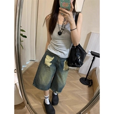 复古做旧破洞牛仔七分裤女夏季高街裤子高腰宽松直筒裤休闲阔腿裤，女装休闲裤，星座506A