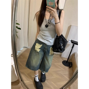 复古做旧破洞牛仔七分裤女夏季高街裤子高腰宽松直筒裤休闲阔腿裤图片