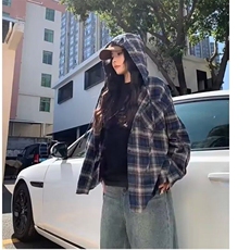 美式复古连帽蓝色格子衬衫男春夏2025薄款长袖设计感痞帅衬衣外套，男装衬衫，星座506A