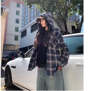 美式复古连帽蓝色格子衬衫男春夏2025薄款长袖设计感痞帅衬衣外套图片