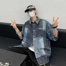 潮牌复古撞色牛仔拼接短袖衬衫男女夏季宽松百搭休闲衬衣SH45-P53，男装衬衫，星座1008