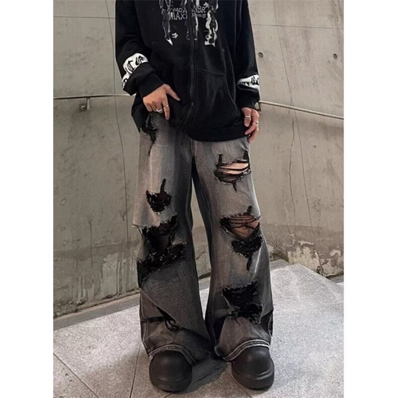 破洞牛仔裤男女高街vibe水洗做旧宽松直筒垂感阔腿裤子 ND33图片