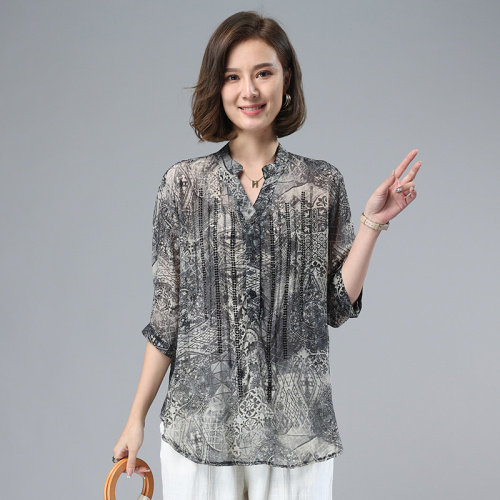 2021夏季新款镶钻印花V领半开衬衫,女装衬衫,叶笙衣