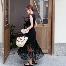 黑色网纱亮片鱼尾连衣裙女2025新款夏季2025绝美轻奢法式淡人长裙，女装连衣裙，2C167