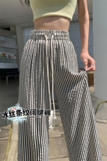 黑白条纹裤女夏季薄款2024高腰显瘦遛弯小个子慵懒冰丝阔腿裤，女装休闲裤，梦白服饰厂