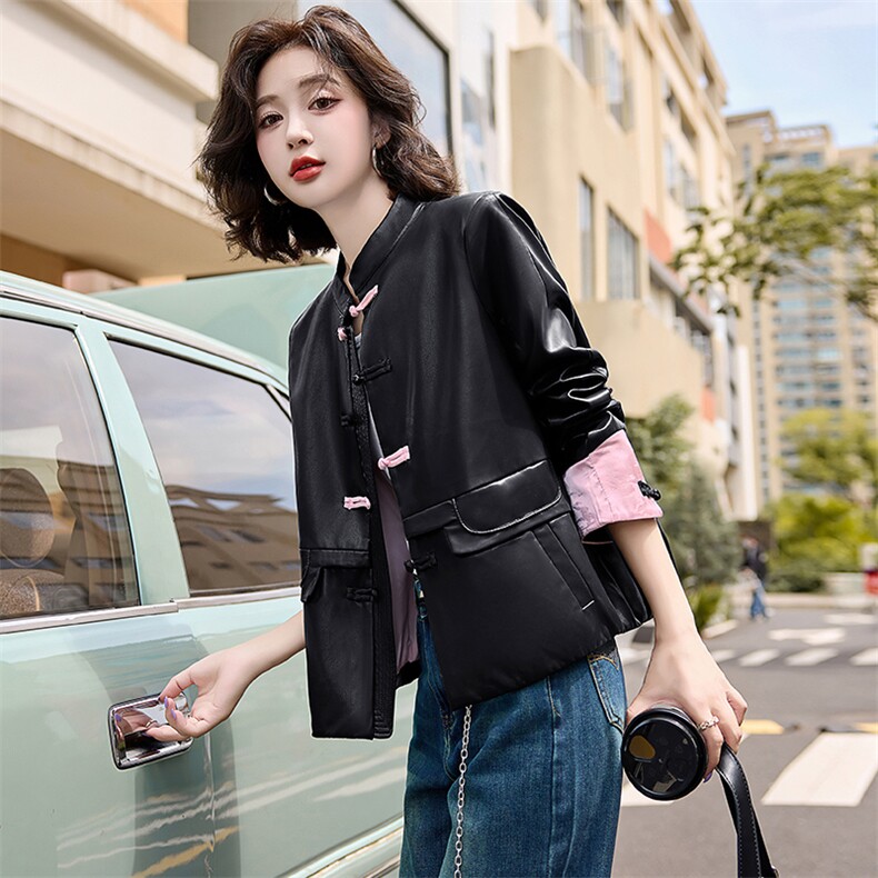 海宁盘扣皮衣外套女2025春季新款复古高级感气质短款黑色上衣服,女装皮衣,江南女神