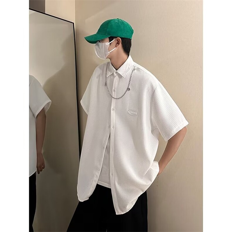 复古衬衫男短袖夏港风宽松小众设计感趣味新款男装上衣送项链C659，男装衬衫，星座1013