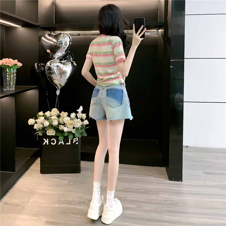 女夏季新款韩版运动休闲套装修身显瘦圆领条纹短袖牛仔短裤两件套,女装套装/套裙,江南