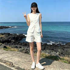 气质温柔风时尚套装女夏季新款法式小香风无袖上衣阔腿短裤两件套，女装套装/套裙，江南