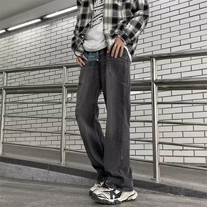 黑灰色拼接工装牛仔裤男秋季潮牌机能美式街头高街2025潮男秋冬图片