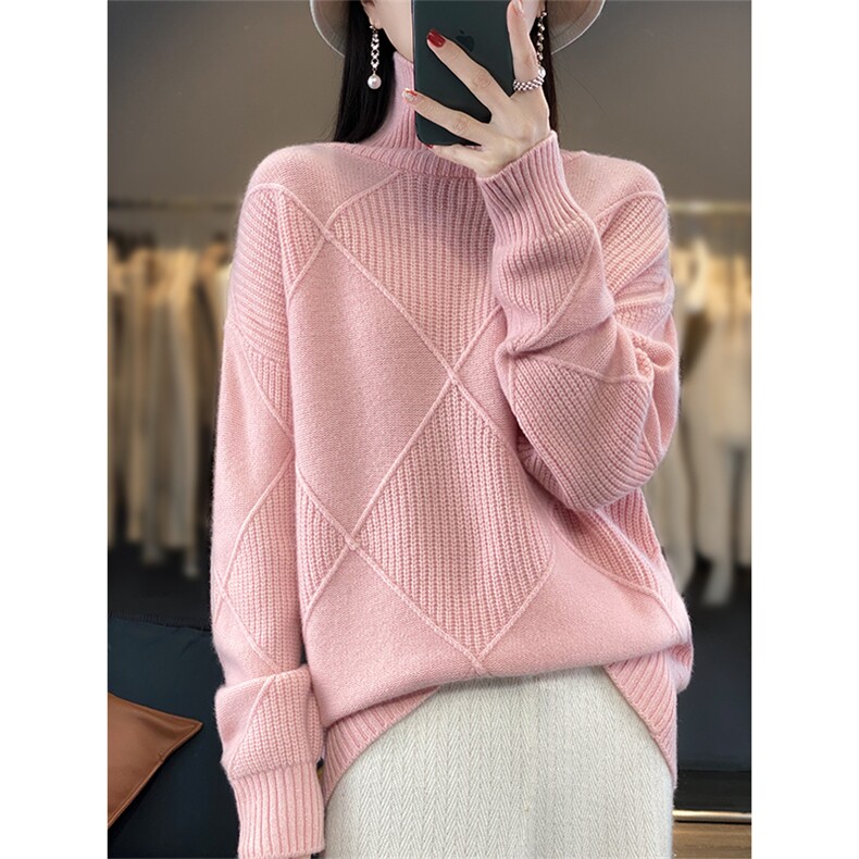 百搭高领菱形图案羊毛针织衫女秋冬季新款宽松显瘦毛衣,女装羊毛衫,隆格羊绒