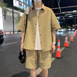夏季薄款冰丝短袖衬衫情侣短袖短裤两件套装 A455P65图片