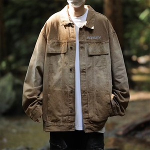 美式复古渐变牛仔外套男春秋季高街潮牌工装夹克宽松潮流休闲衣服图片