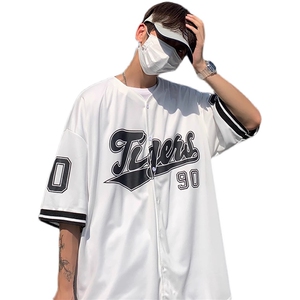 开衫印花短袖T恤男女夏季ins港风复古棒球服衬衣宽松五分半袖体恤图片